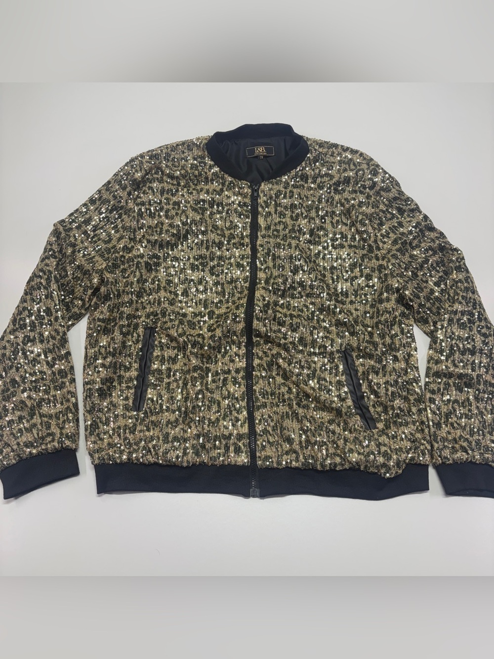 L&B Sequin Leopard Bomber Jacket 2X Mob Wife Glam Statement